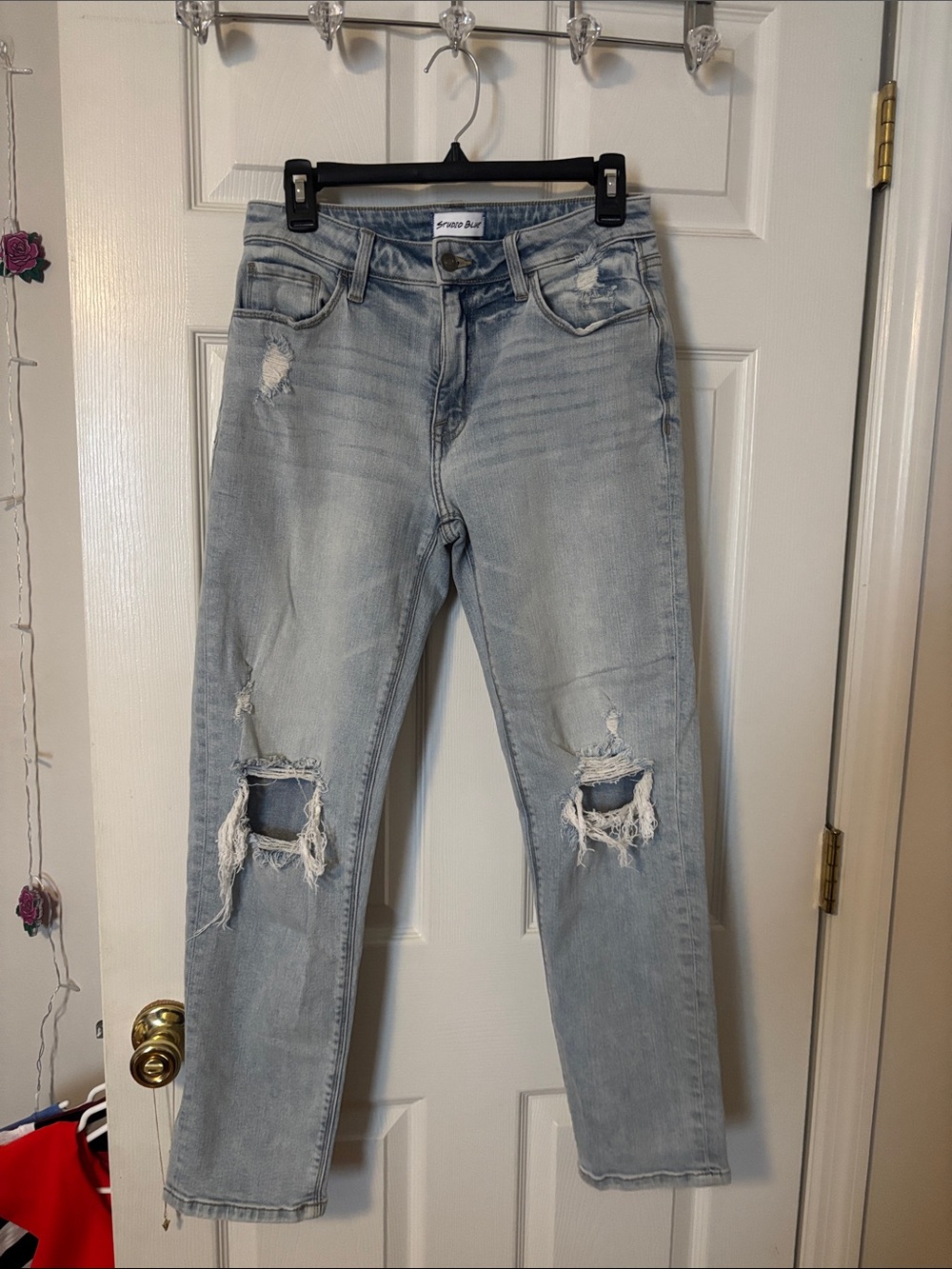 Light Blue Distressed Straight-Leg Jeans — Women